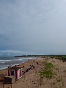 Strand und Sanddüne unter grauem Himmel