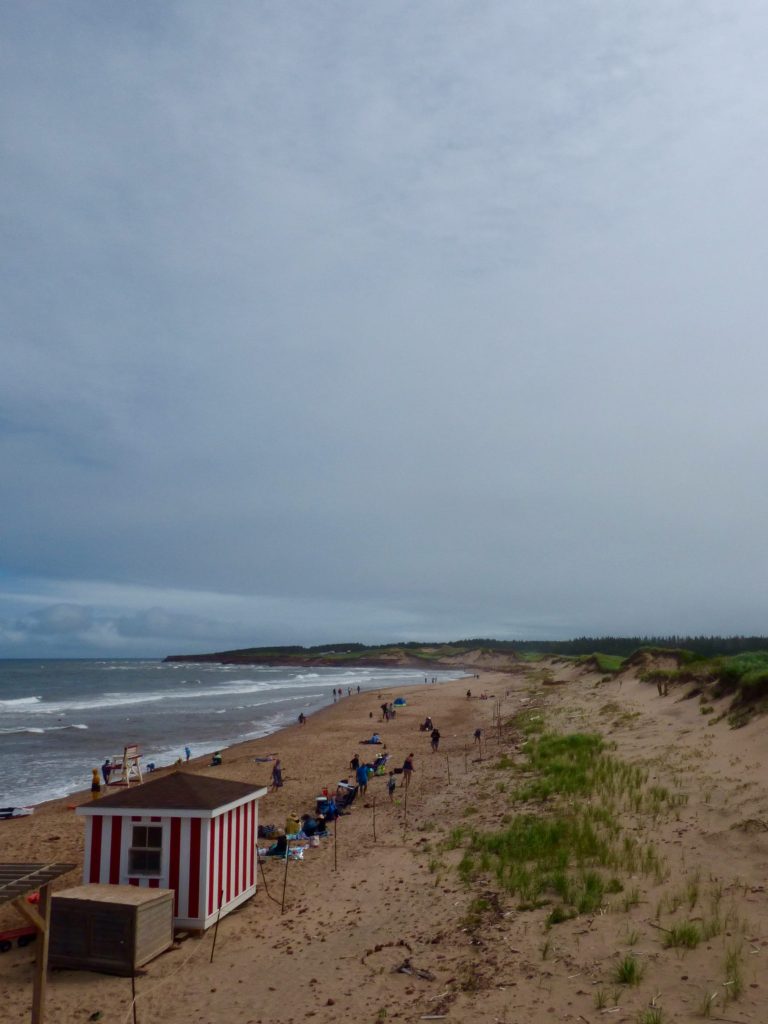 Strand und Sanddüne unter grauem Himmel