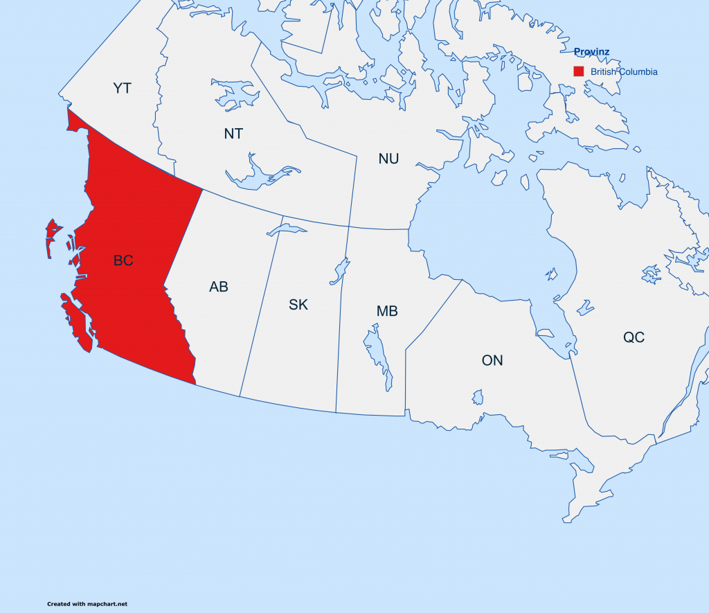 Karte von Kanada, die die Grenzen der Provinzen und Territorien zeigt. Die Provinz British Columbia ist in rot hervorgehoben, um die Lage in Kanada zu verdeutlichen.