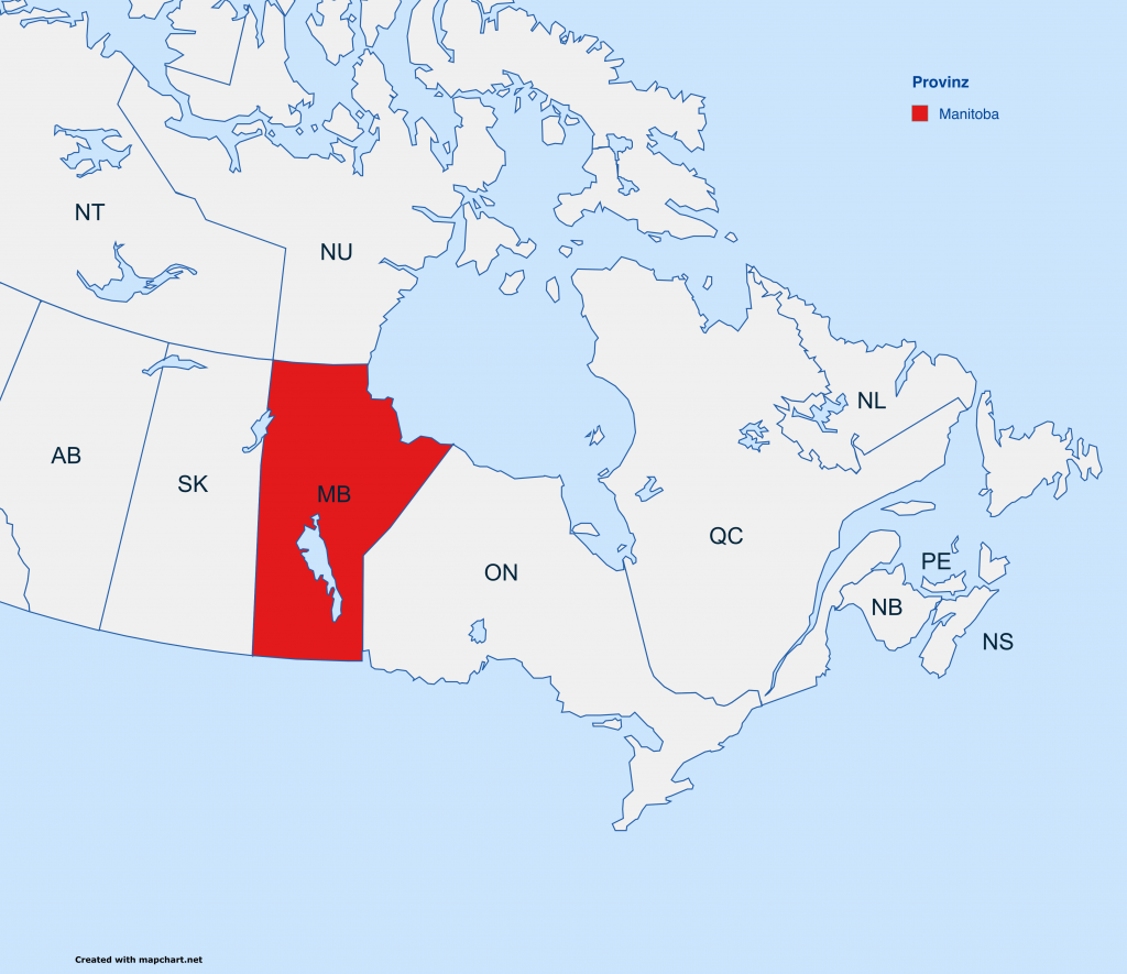 Karte von Kanada, die die Grenzen der Provinzen und Territorien zeigt. Die Provinz Manitoba ist in rot hervorgehoben, um die Lage in Kanada zu verdeutlichen.