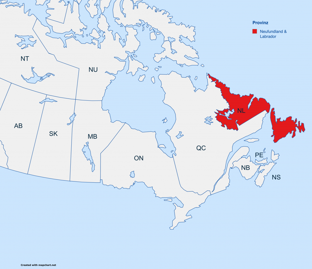 Karte von Kanada, die die Grenzen der Provinzen und Territorien zeigt. Die Provinz Neufundland und Labrador ist in rot hervorgehoben, um die Lage in Kanada zu verdeutlichen.
