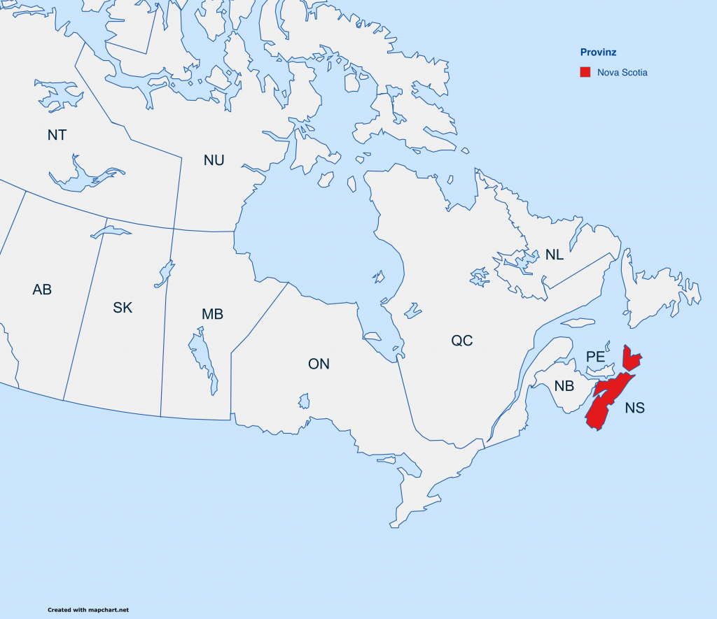 Karte von Kanada, die die Grenzen der Provinzen und Territorien zeigt. Die Provinz Nova Scotia ist in rot hervorgehoben, um die Lage in Kanada zu verdeutlichen.