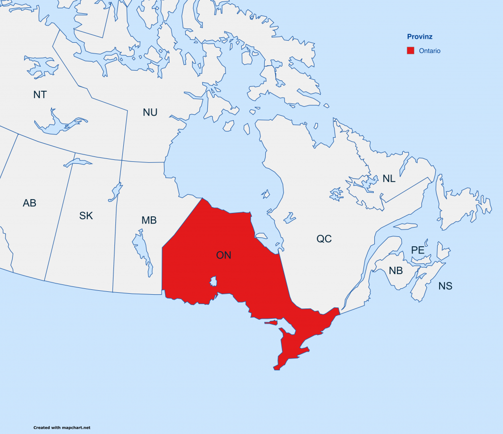 Karte von Kanada, die die Grenzen der Provinzen und Territorien zeigt. Die Provinz Ontario ist in rot hervorgehoben, um die Lage in Kanada zu verdeutlichen.