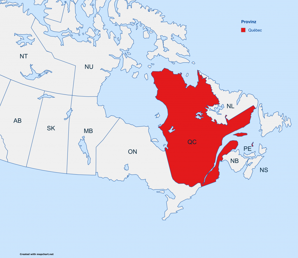Karte von Kanada, die die Grenzen der Provinzen und Territorien zeigt. Die Provinz Quebec ist in rot hervorgehoben, um die Lage in Kanada zu verdeutlichen.